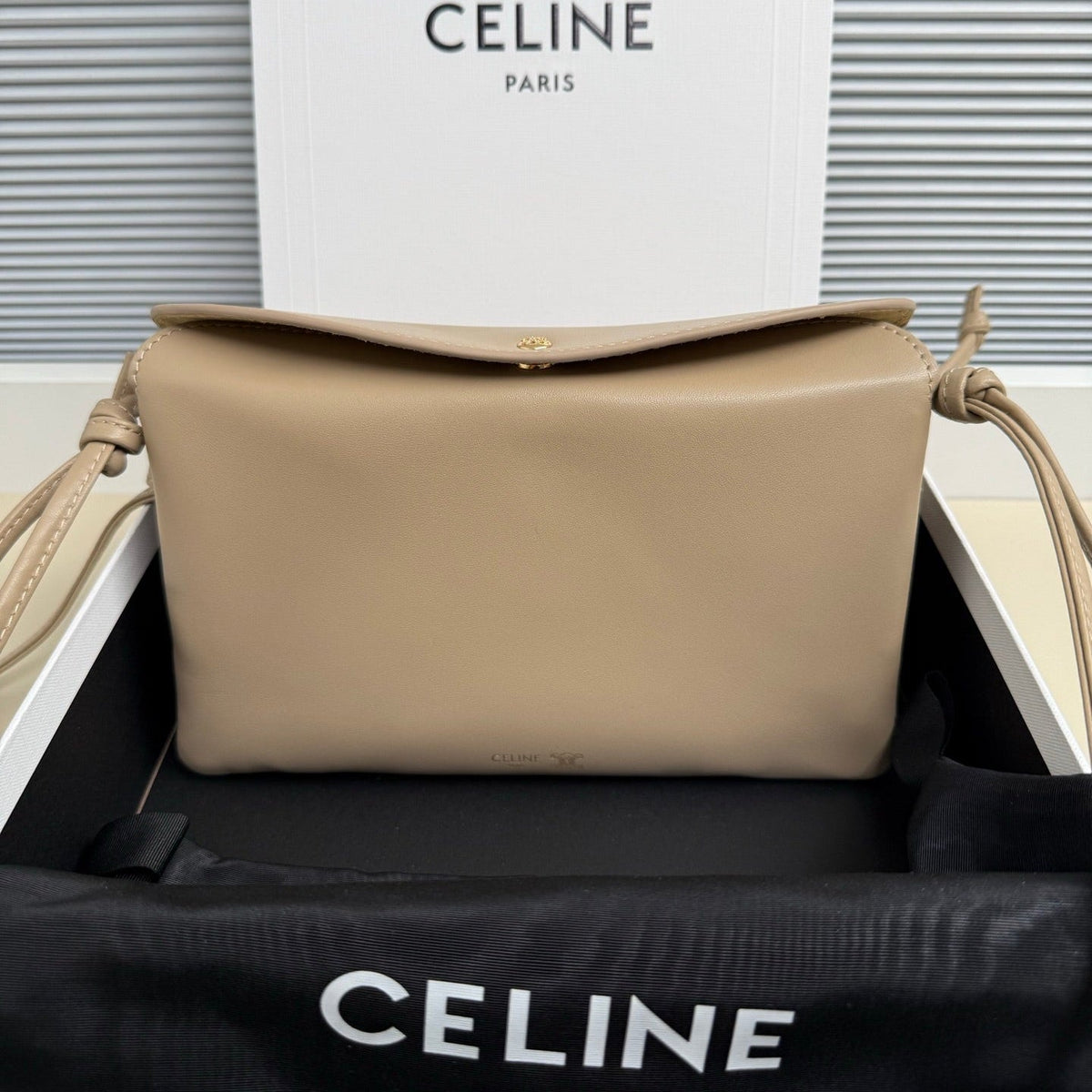 CELINE 25S TRIO FLAP 22MM IN DARK BEIGE SMOOTH LAMBSKIN GOLD HARDWARE