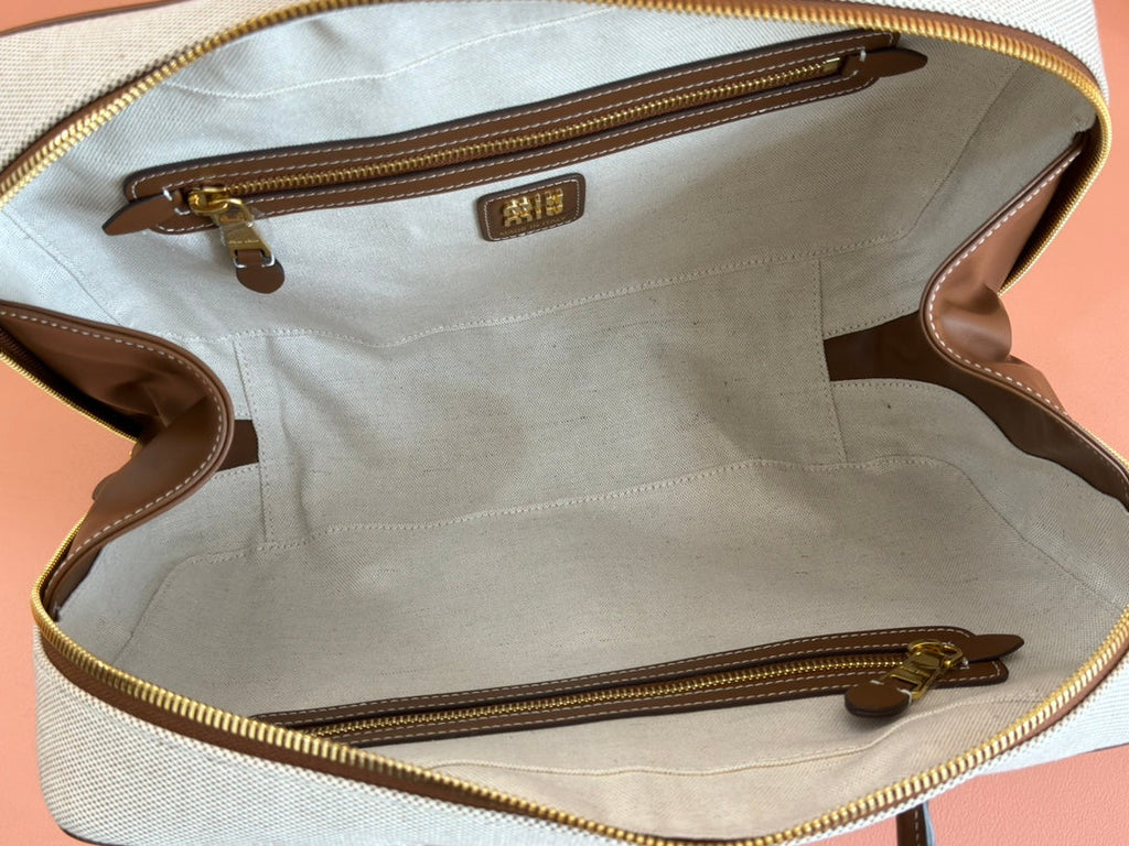 BEAU TOP HANDLE BAG 34 IN WHITE CANVAS AND WALNUT BROWN CALFSKIN TRIM