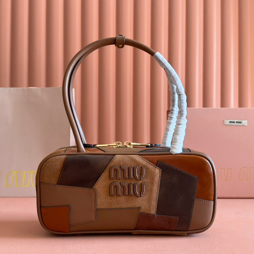 BEAU TOP HANDLE BAG 28 IN COGNAC LEATHER PATCHWORK