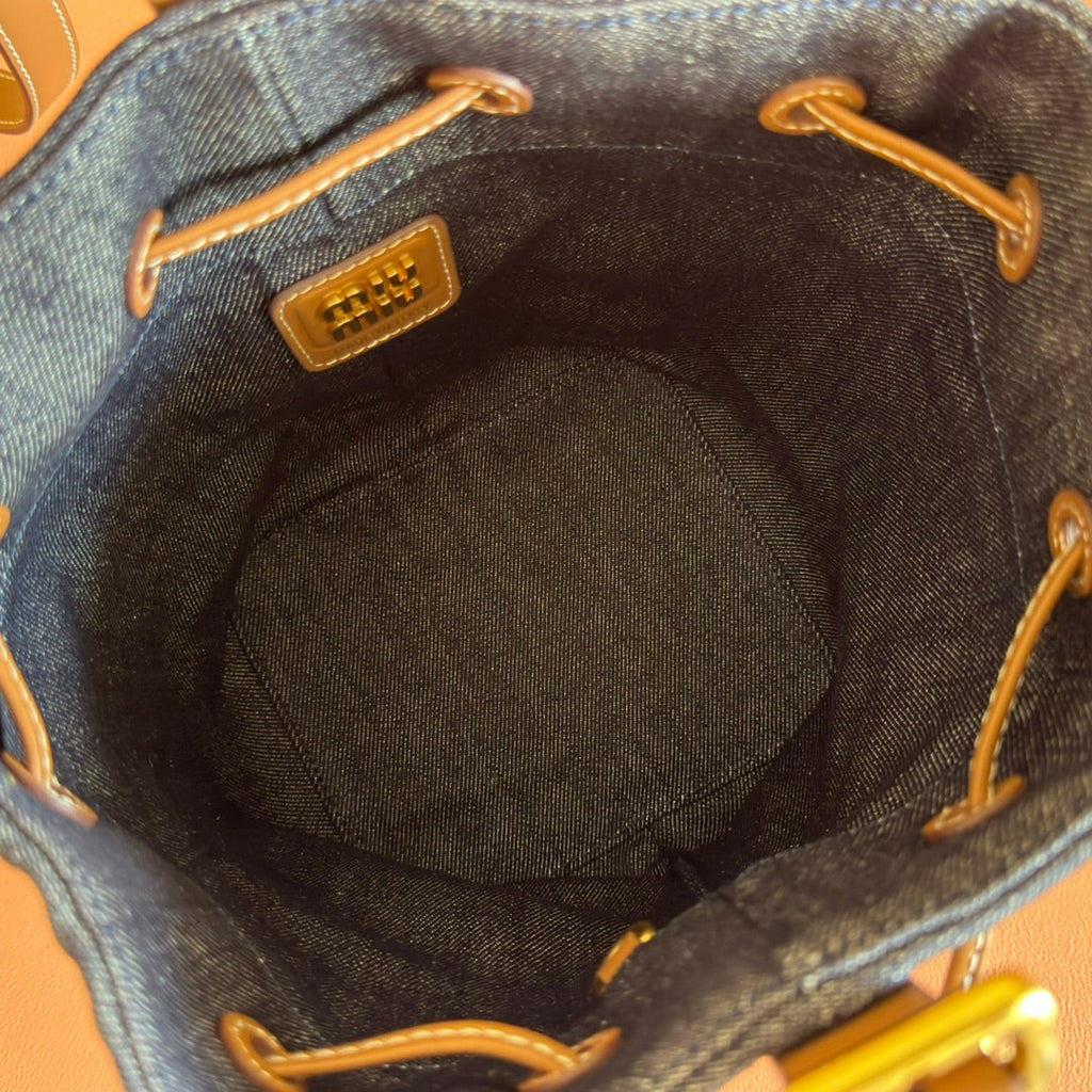 BUCKET BAG 22 DENIM BLUE AND BRANDY IN CANVAS