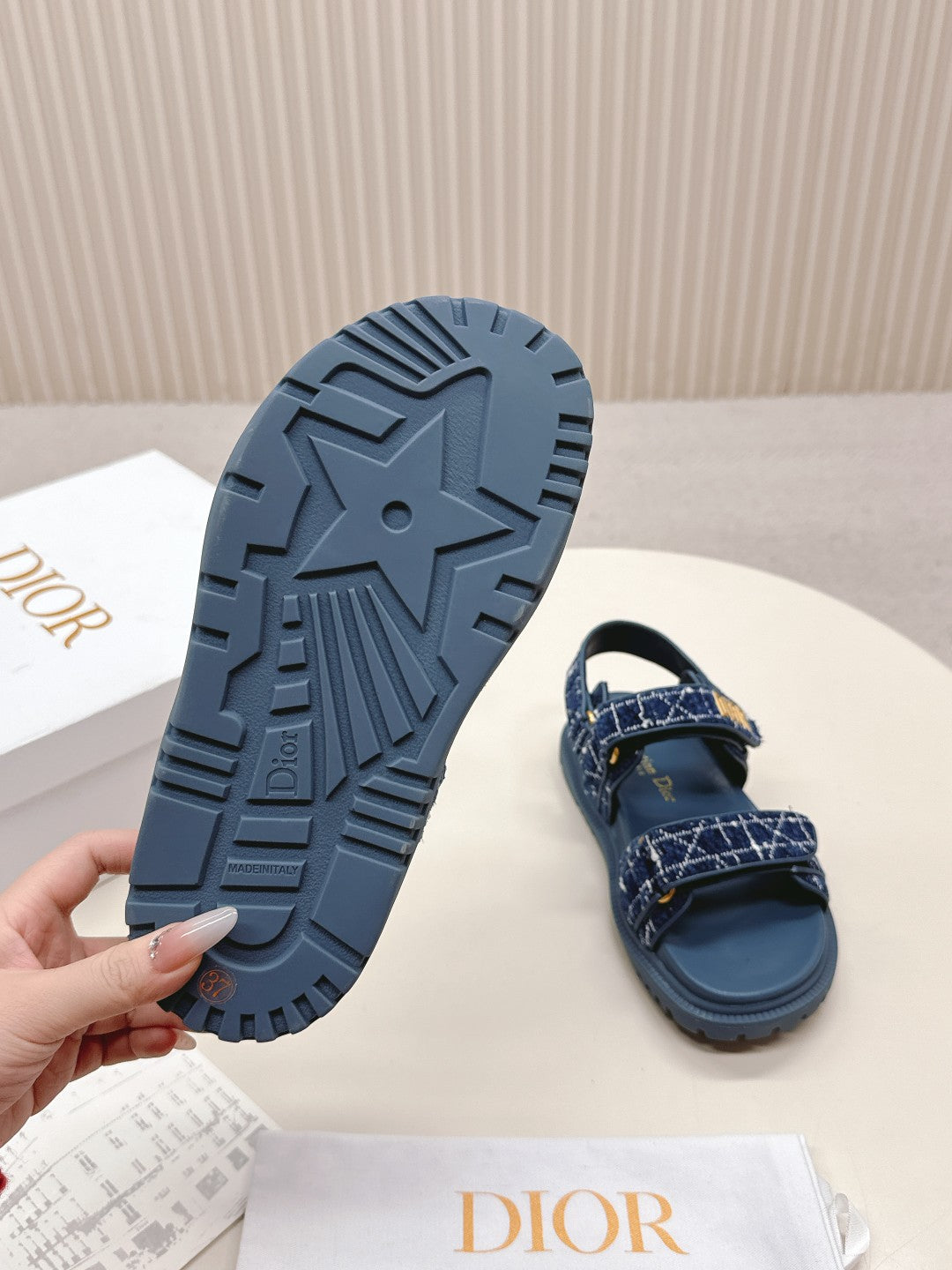 DIOR BACK-STRAP SANDALS 25S IN NAVY BLUE TWEED AND CALFSKIN