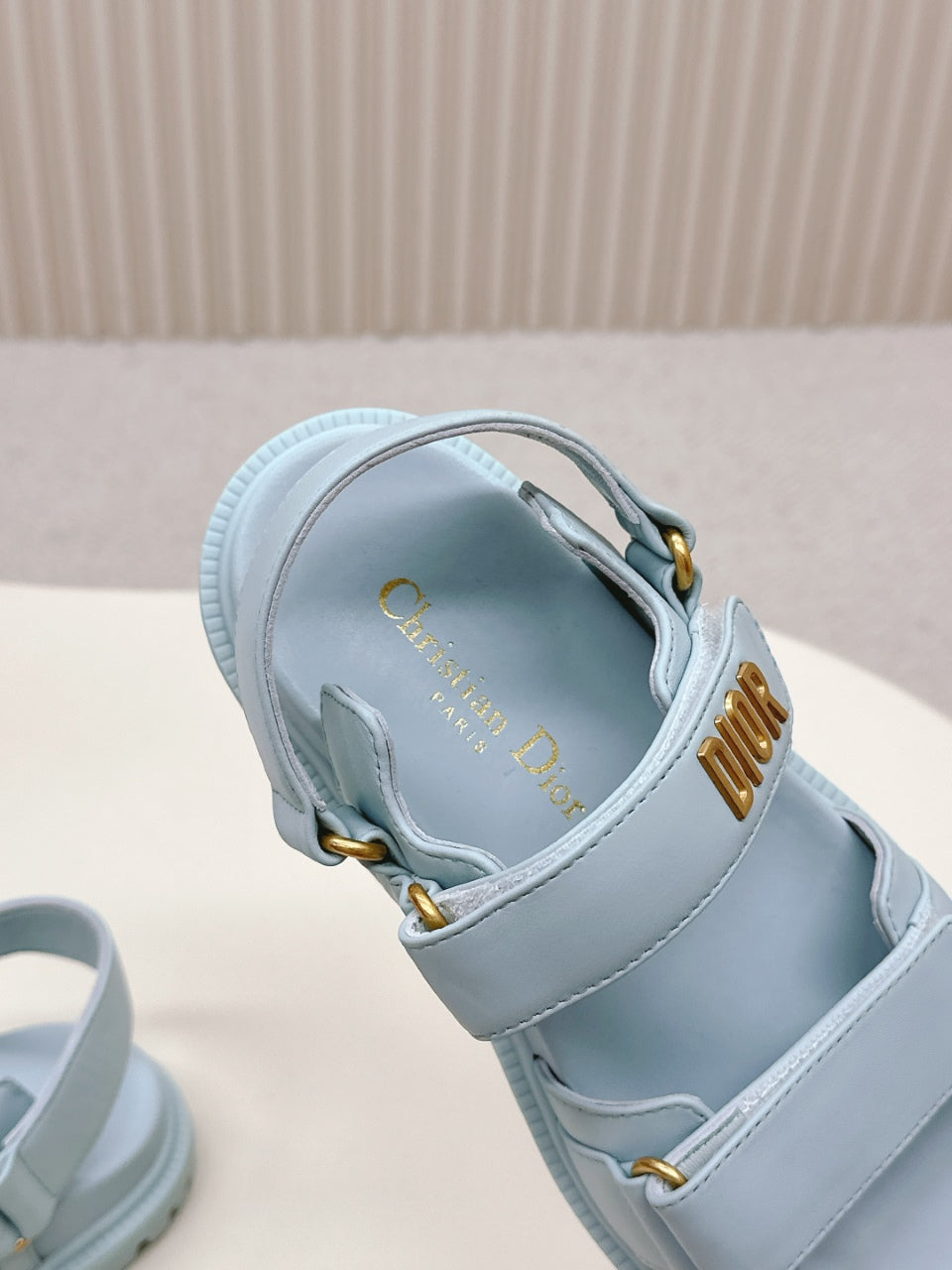 DIOR BACK-STRAP SANDALS 25S IN PASTEL BLUE CALFSKIN WITH GOLD HARDWARE