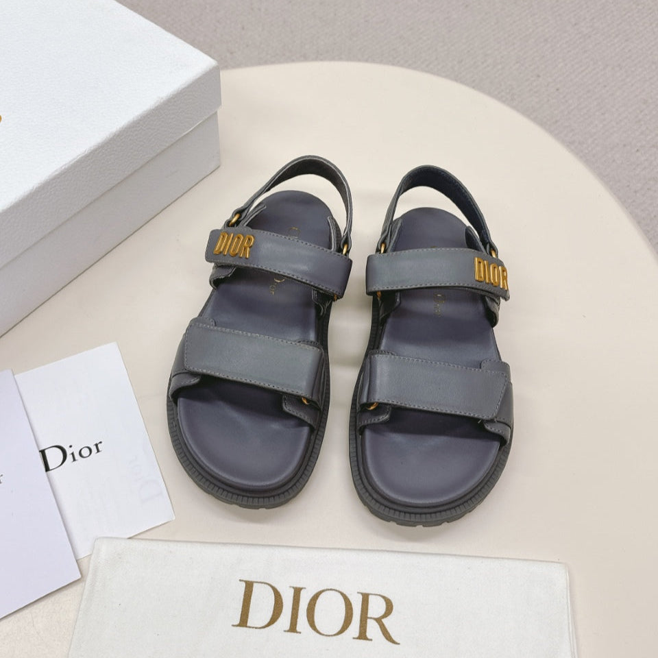 DIOR BACK-STRAP SANDALS 25S IN ASH GRAY CALFSKIN WITH GOLD HARDWARE