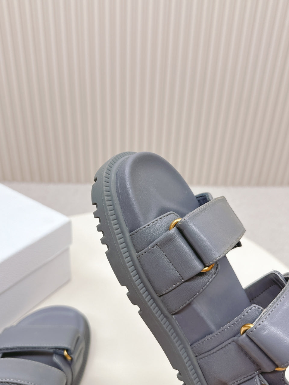 DIOR BACK-STRAP SANDALS 25S IN ASH GRAY CALFSKIN WITH GOLD HARDWARE