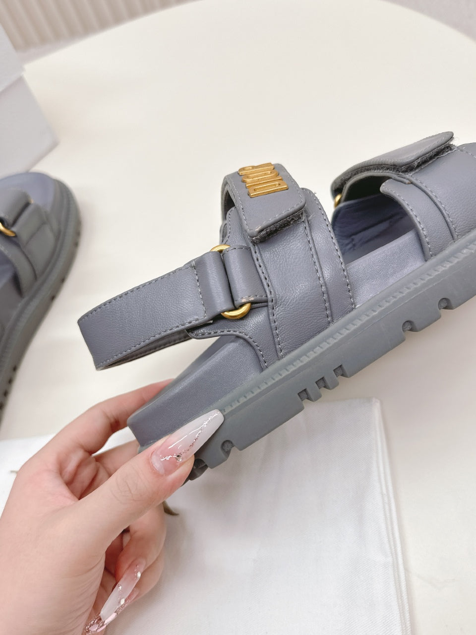 DIOR BACK-STRAP SANDALS 25S IN ASH GRAY CALFSKIN WITH GOLD HARDWARE