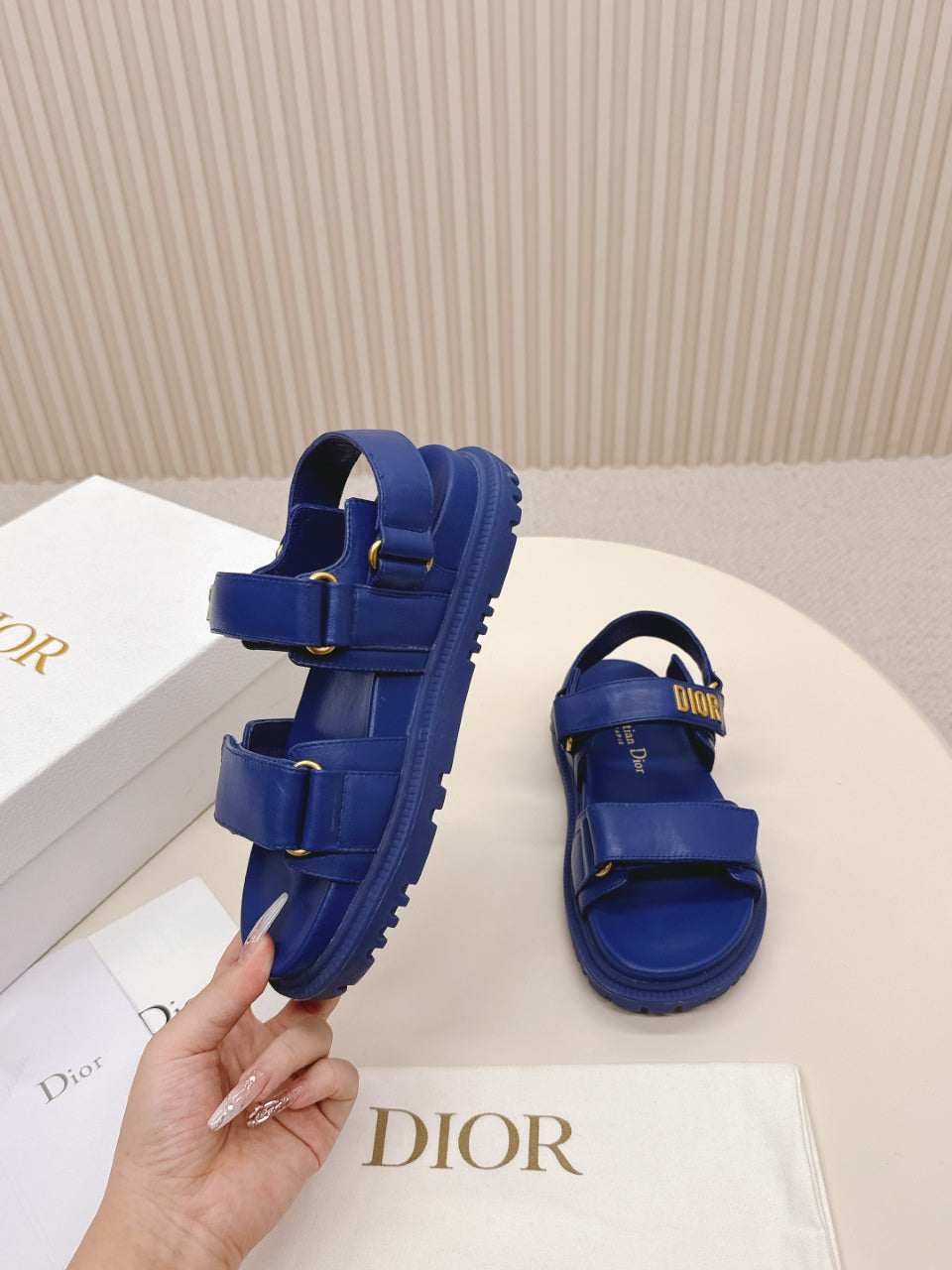 DIOR BACK-STRAP SANDALS 25S IN NAVY BLUE CALFSKIN WITH GOLD HARDWARE