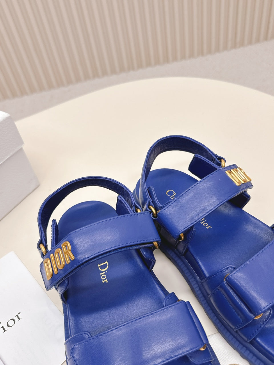 DIOR BACK-STRAP SANDALS 25S IN NAVY BLUE CALFSKIN WITH GOLD HARDWARE
