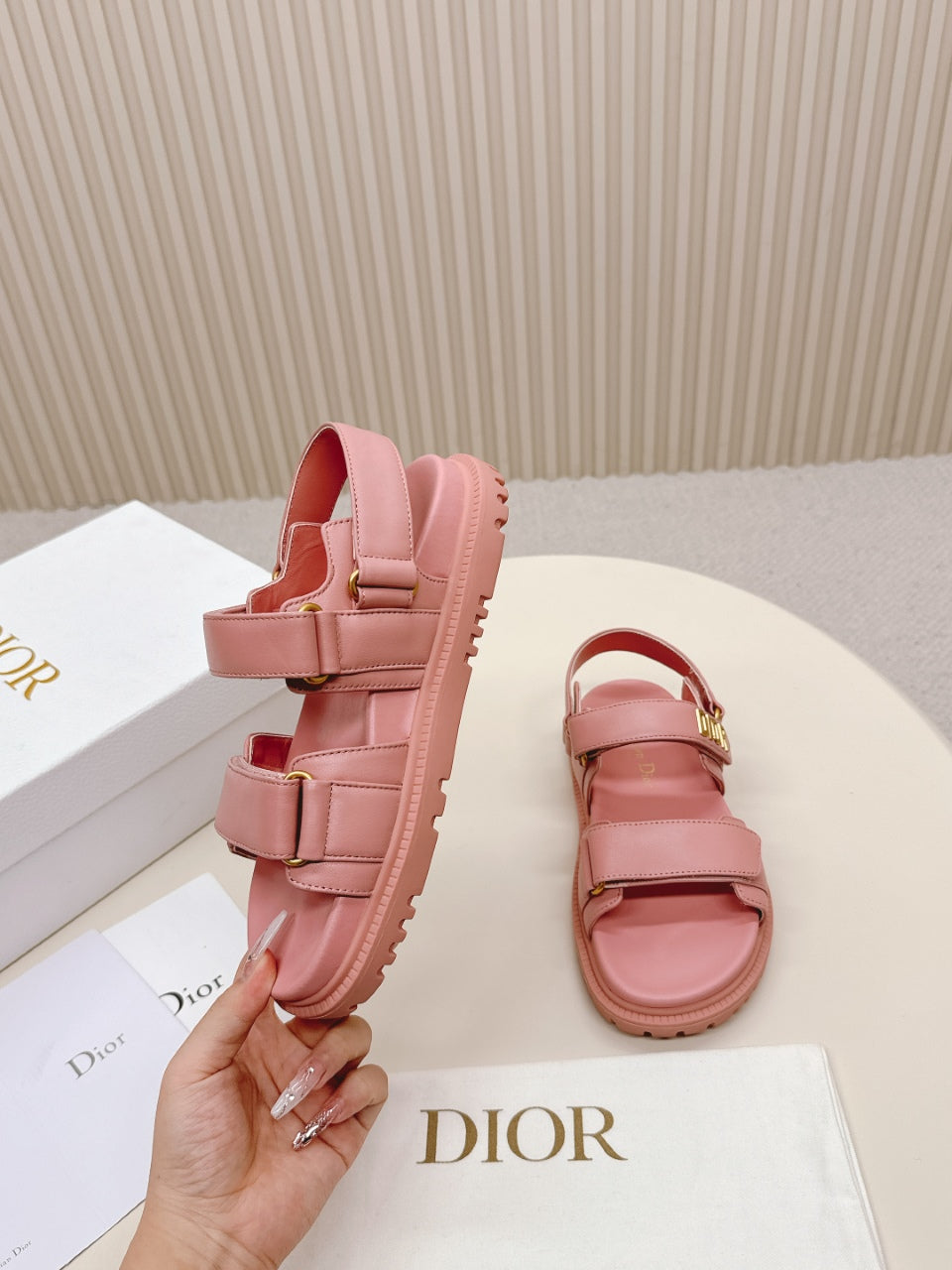 DIOR BACK-STRAP SANDALS 25S IN PEACHY PINK CALFSKIN WITH GOLD HARDWARE