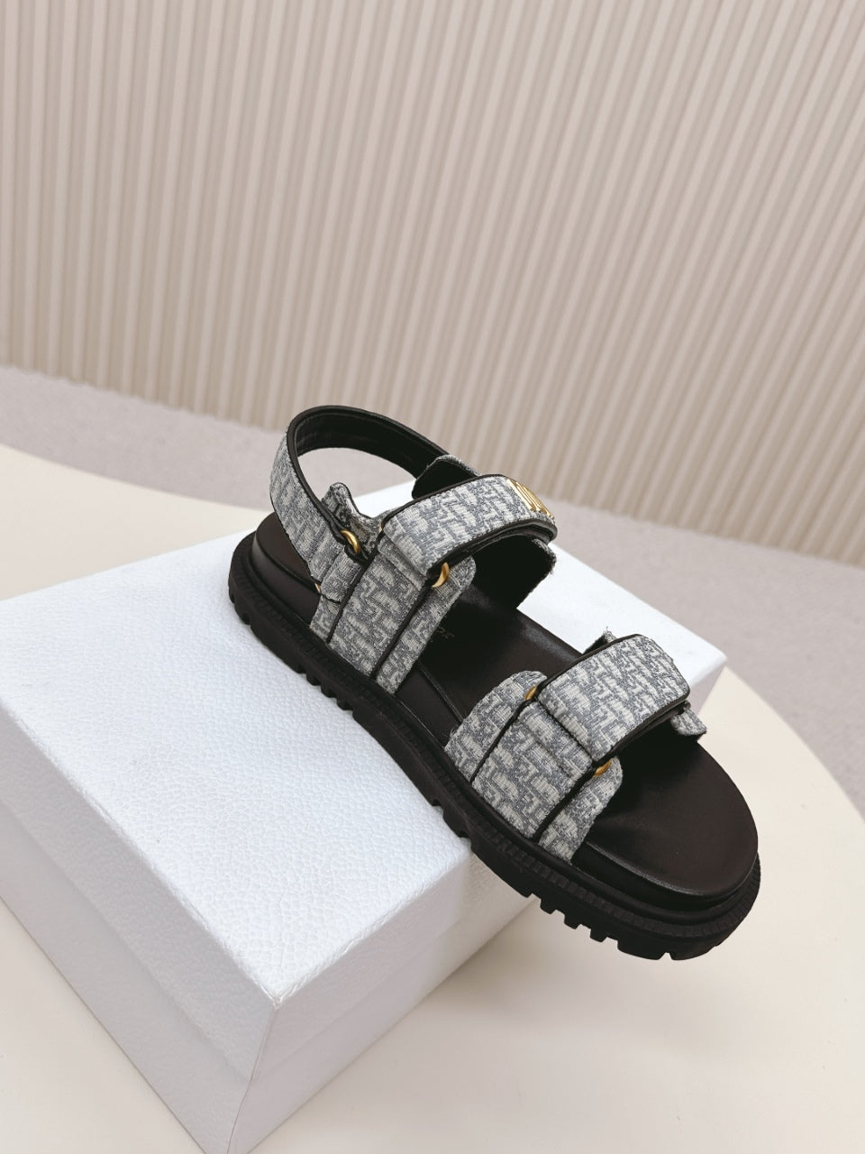 DIOR BACK-STRAP SANDALS 25S IN GREY FABRIC AND BLACK CALFSKIN WITH GOLD HARDWARE