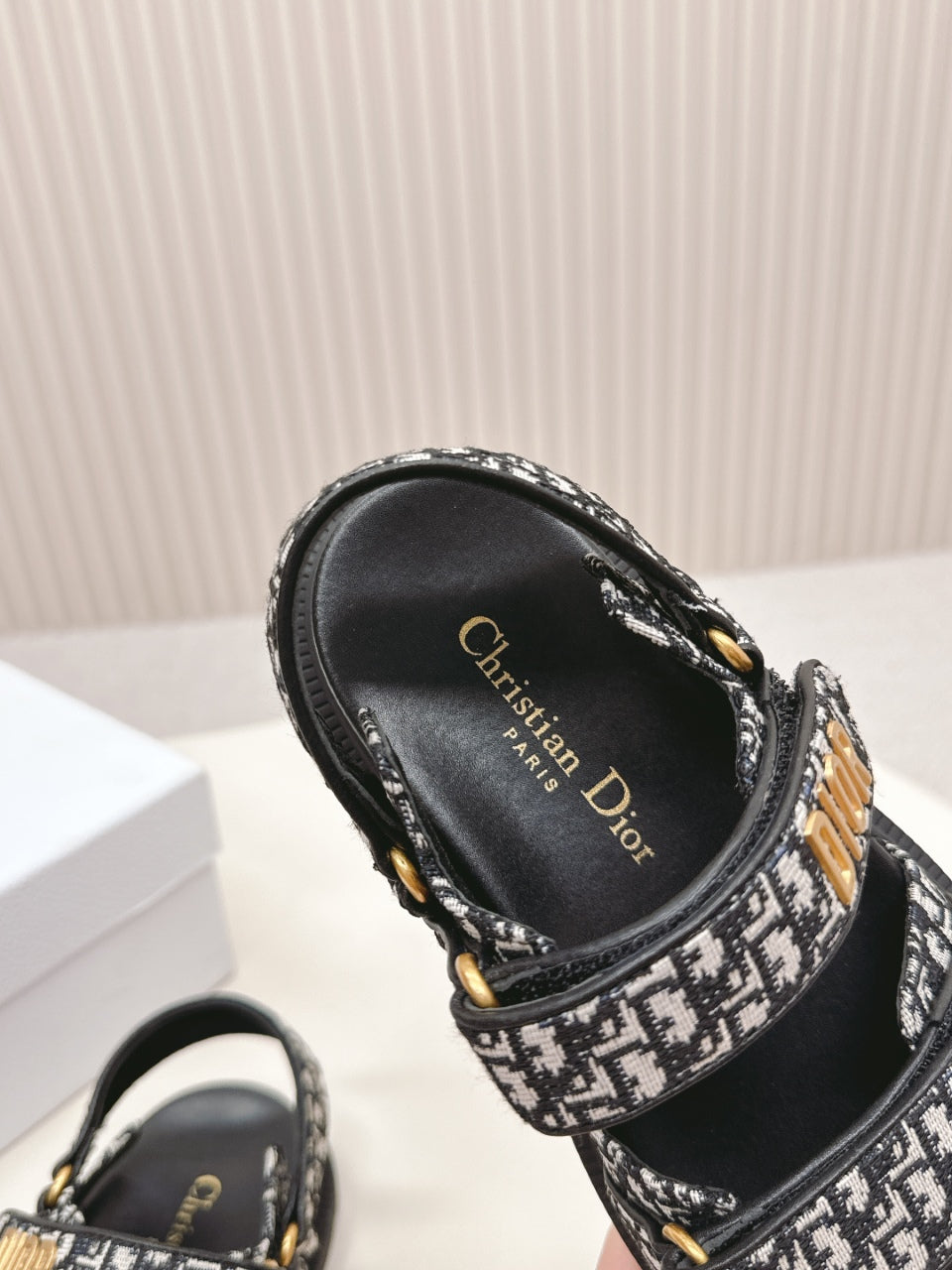 DIOR BACK-STRAP SANDALS 25S IN BLACK FABRIC AND CALFSKIN WITH GOLD HARDWARE