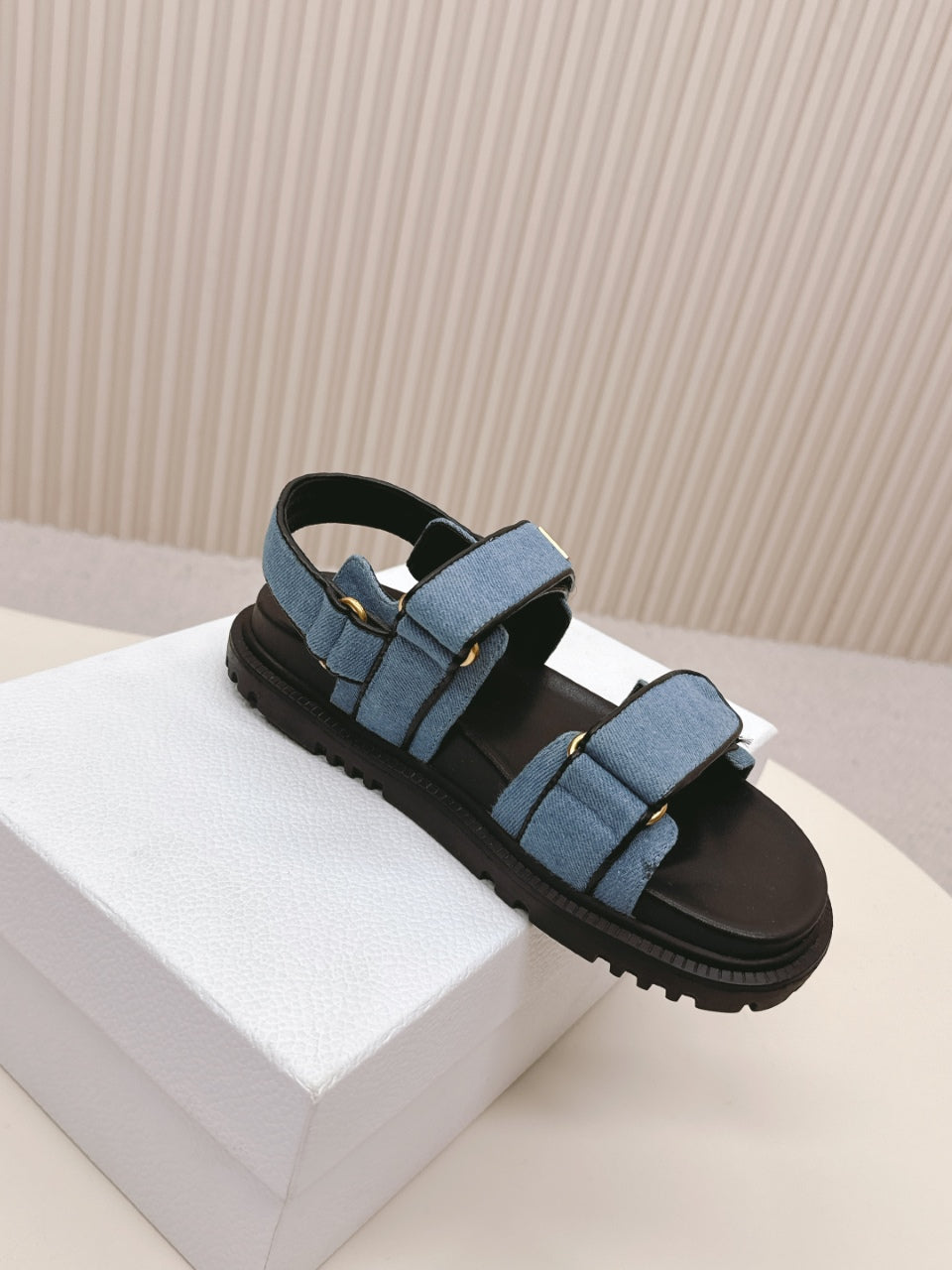 DIOR BACK-STRAP SANDALS 25S IN BLUE DENIM AND BLACK CALFSKIN WITH GOLD HARDWARE