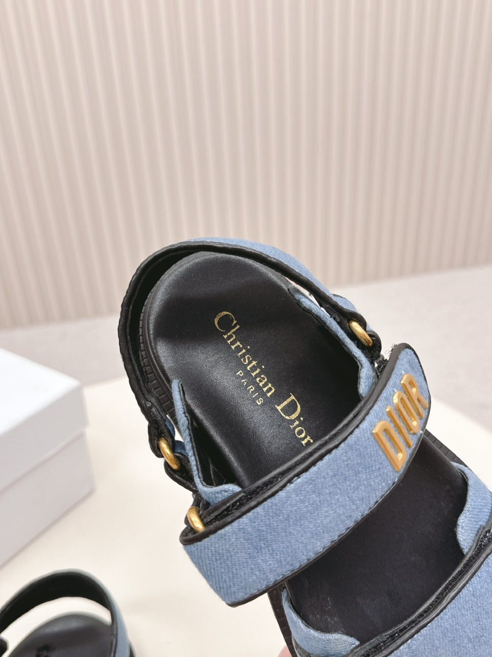 DIOR BACK-STRAP SANDALS 25S IN BLUE DENIM AND BLACK CALFSKIN WITH GOLD HARDWARE