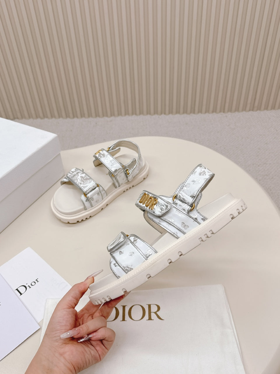 DIOR BACK-STRAP SANDALS 25S IN CREAM WHITE AND SILVER CALFSKIN WITH BUTTERFLY MOTIF