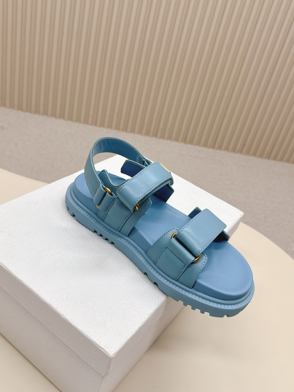 DIOR BACK-STRAP SANDALS 25S IN OCEAN BLUE CALFSKIN WITH GOLD HARDWARE