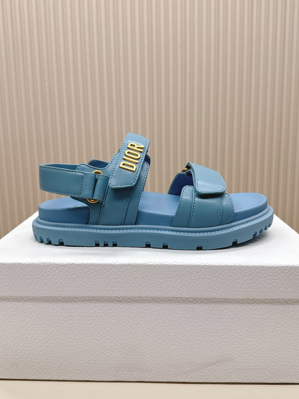 DIOR BACK-STRAP SANDALS 25S IN OCEAN BLUE CALFSKIN WITH GOLD HARDWARE