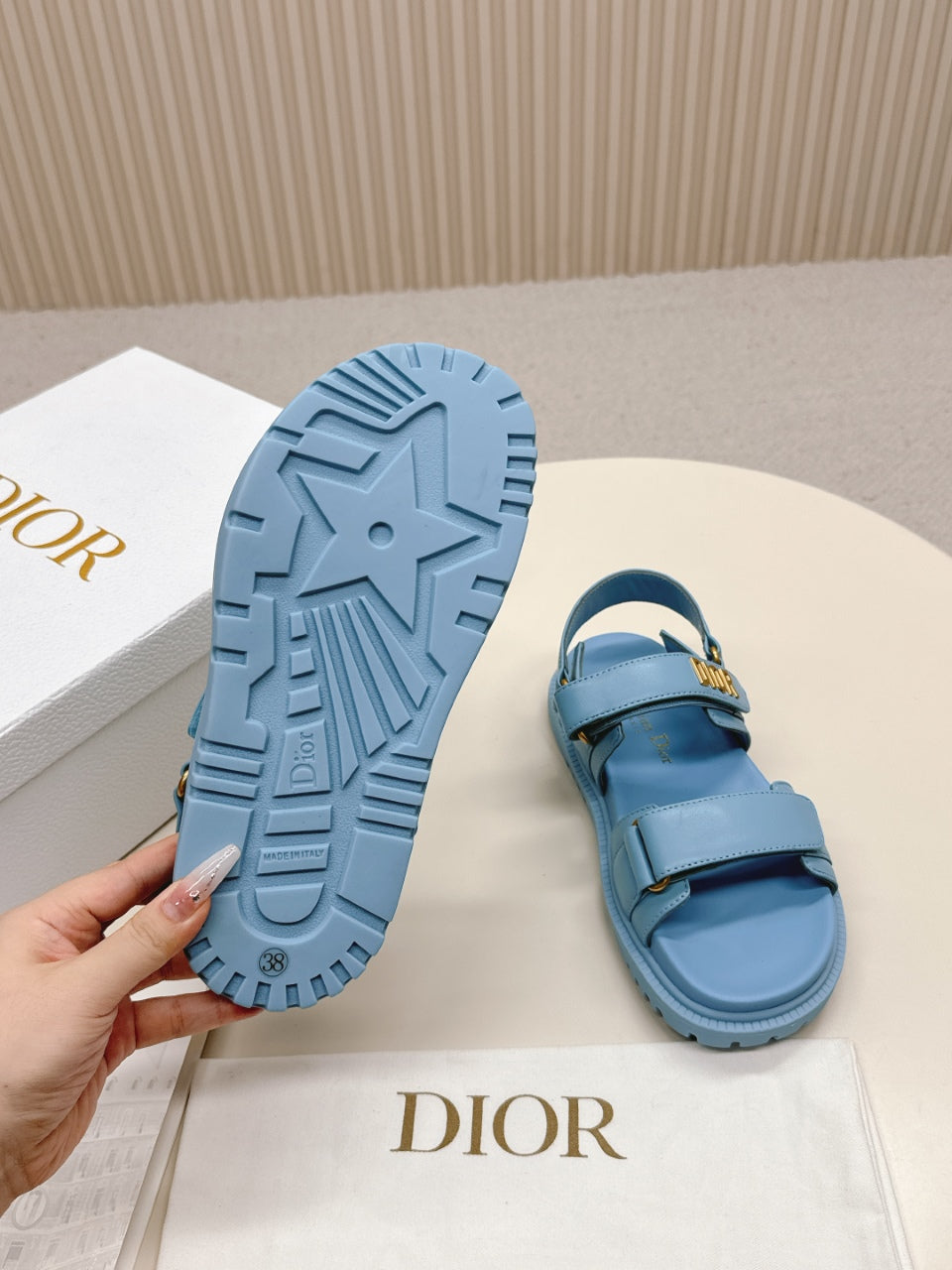DIOR BACK-STRAP SANDALS 25S IN OCEAN BLUE CALFSKIN WITH GOLD HARDWARE