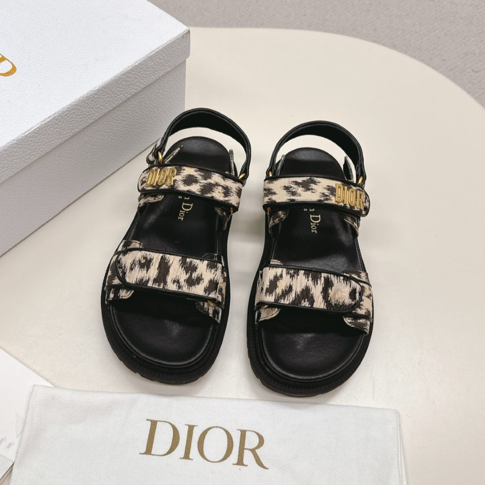 DIOR BACK-STRAP SANDALS 25S IN BLACK MIX LEOPARD PRINT FABRIC AND CALFSKIN WITH GOLD HARDWARE