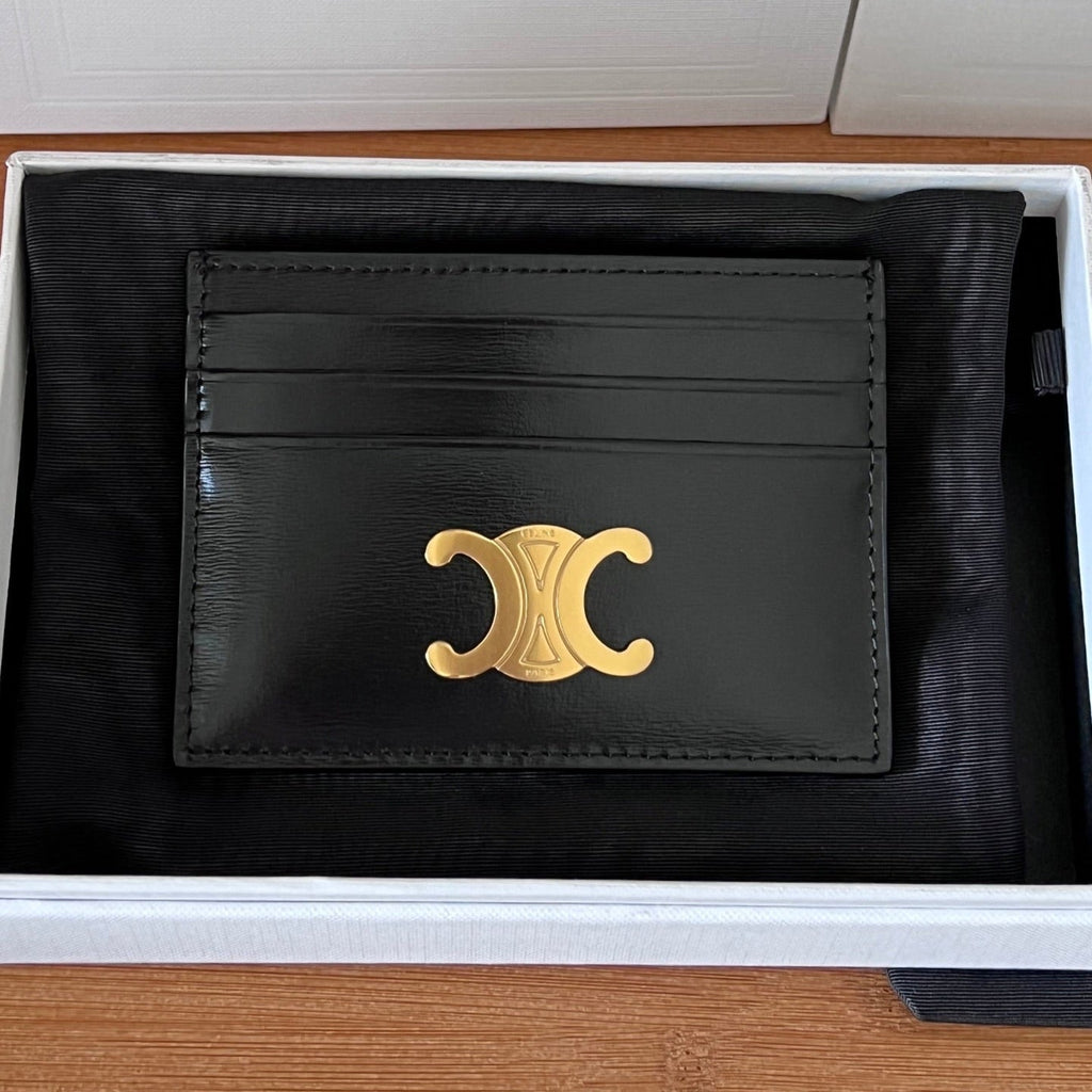 CELINE 25S CARD HOLDER TRIOMPHE LOGO 11 IN BLACK CALFSKIN GOLD HARDWARE