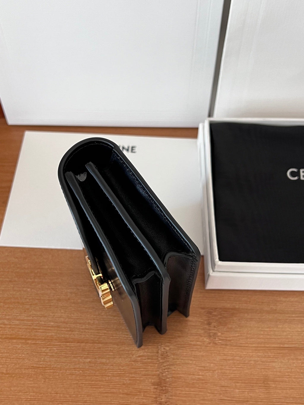 CELINE 25S BUSINESS CARD HOLDER 10 IN BLACK TRIOPMHE CANVAS AND CALFSKIN