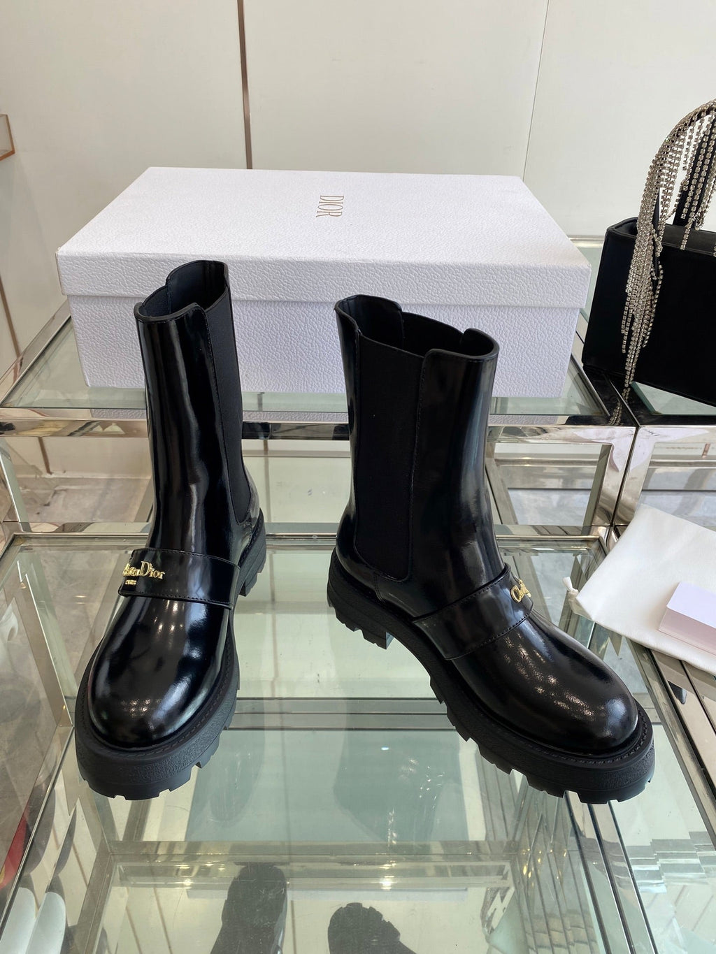DIOR 25S D-QUEST ANKLE BOOT 35MM IN BLACK GLOSSY CALFSKIN GOLD HARDWARE