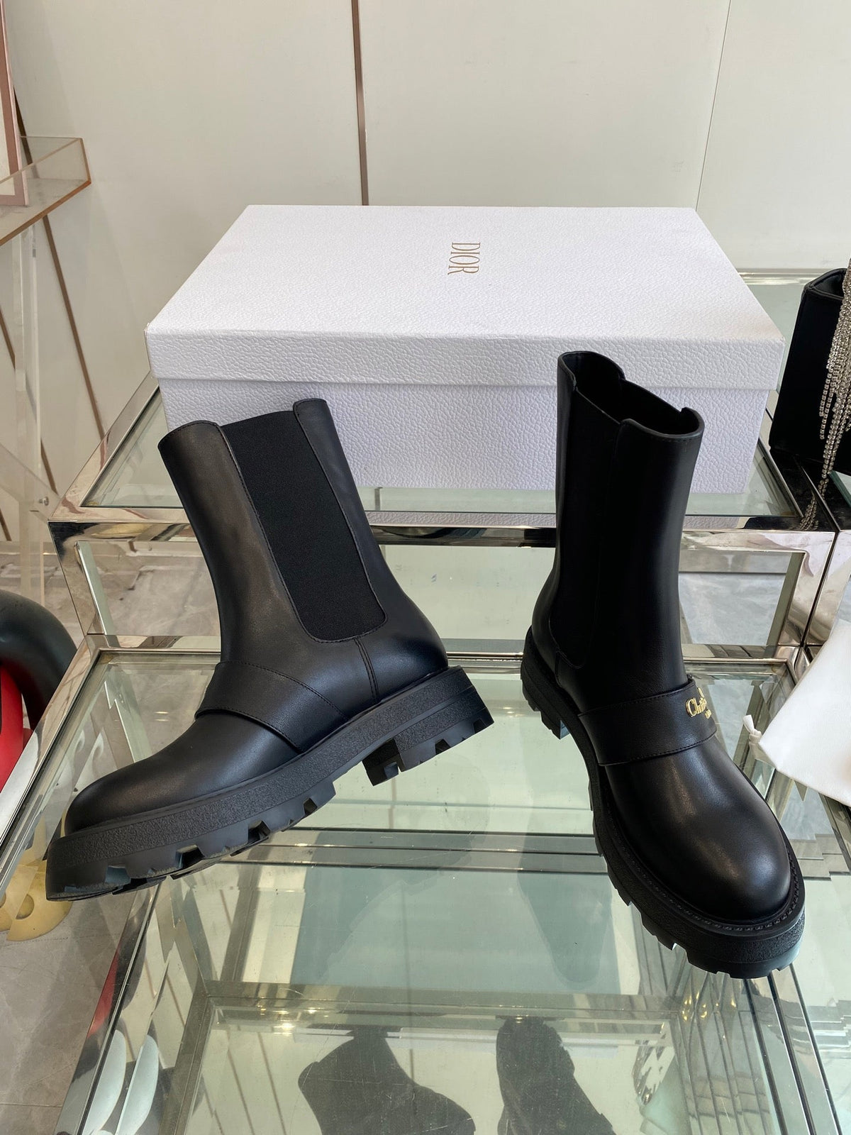 DIOR 25S D-QUEST ANKLE BOOT 35MM IN BLACK CALFSKIN GOLD HARDWARE