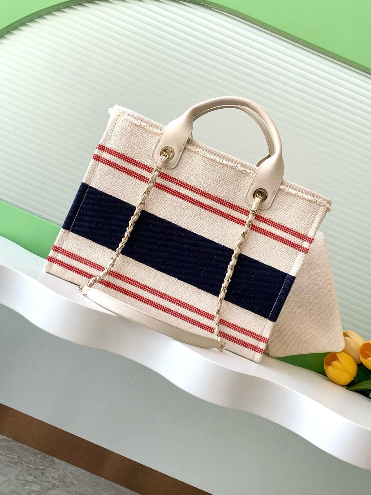CHANEL SHOPPING BAG 34 IN WHITE RED AND NAVY BLUE CANVAS