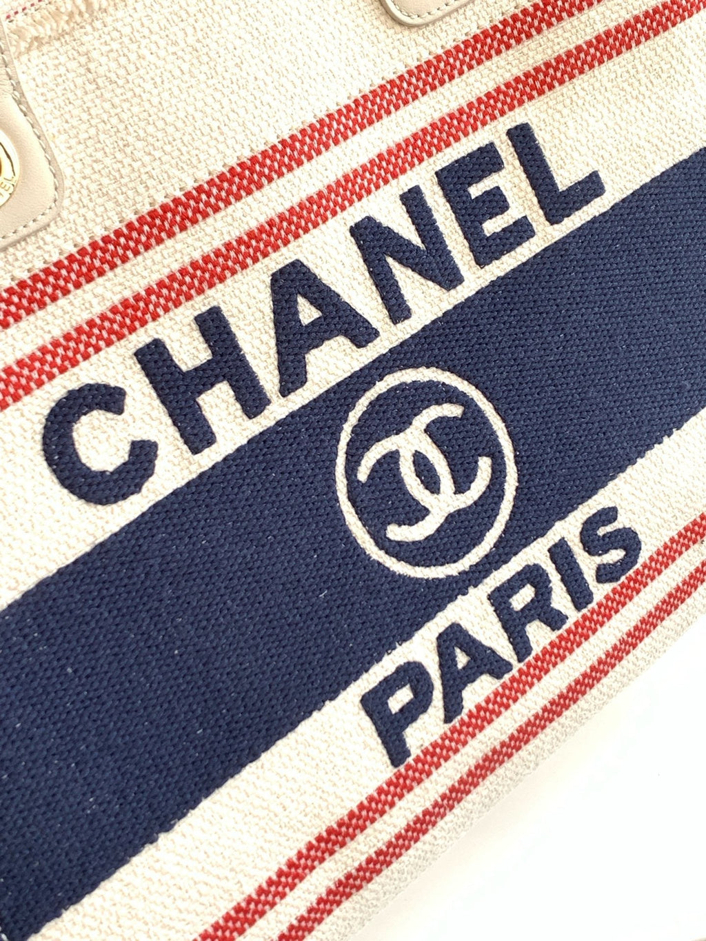 CHANEL SHOPPING BAG 34 IN WHITE RED AND NAVY BLUE CANVAS