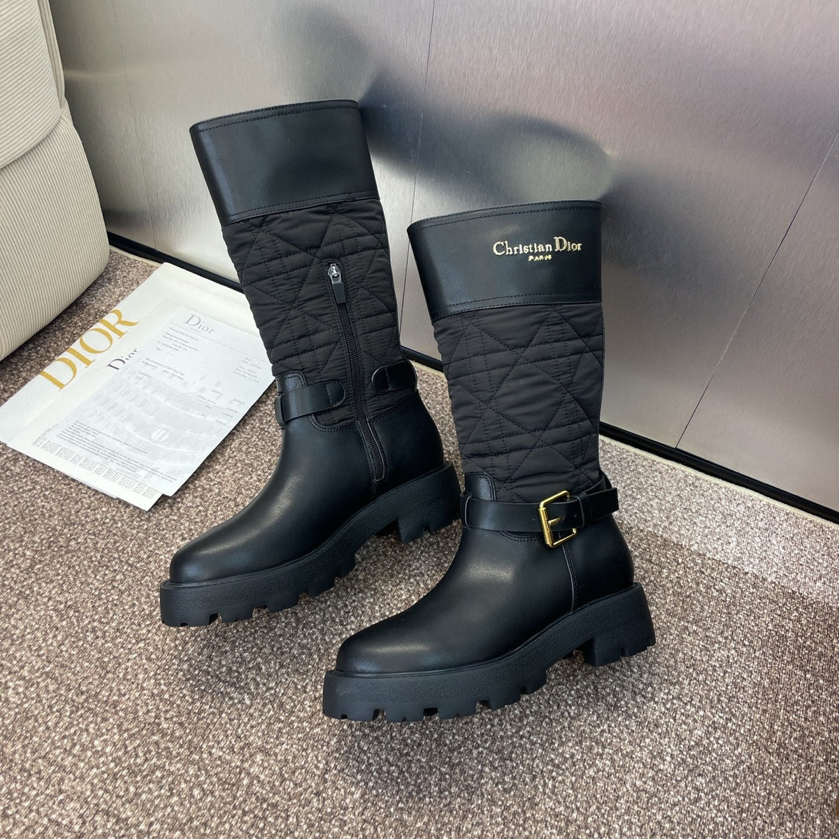 DIOR 25S D-TOWN BOOT 45MM IN BLACK CALFSKIN AND NYLON WITH EMBROIDERED CANNAGE MOTIF