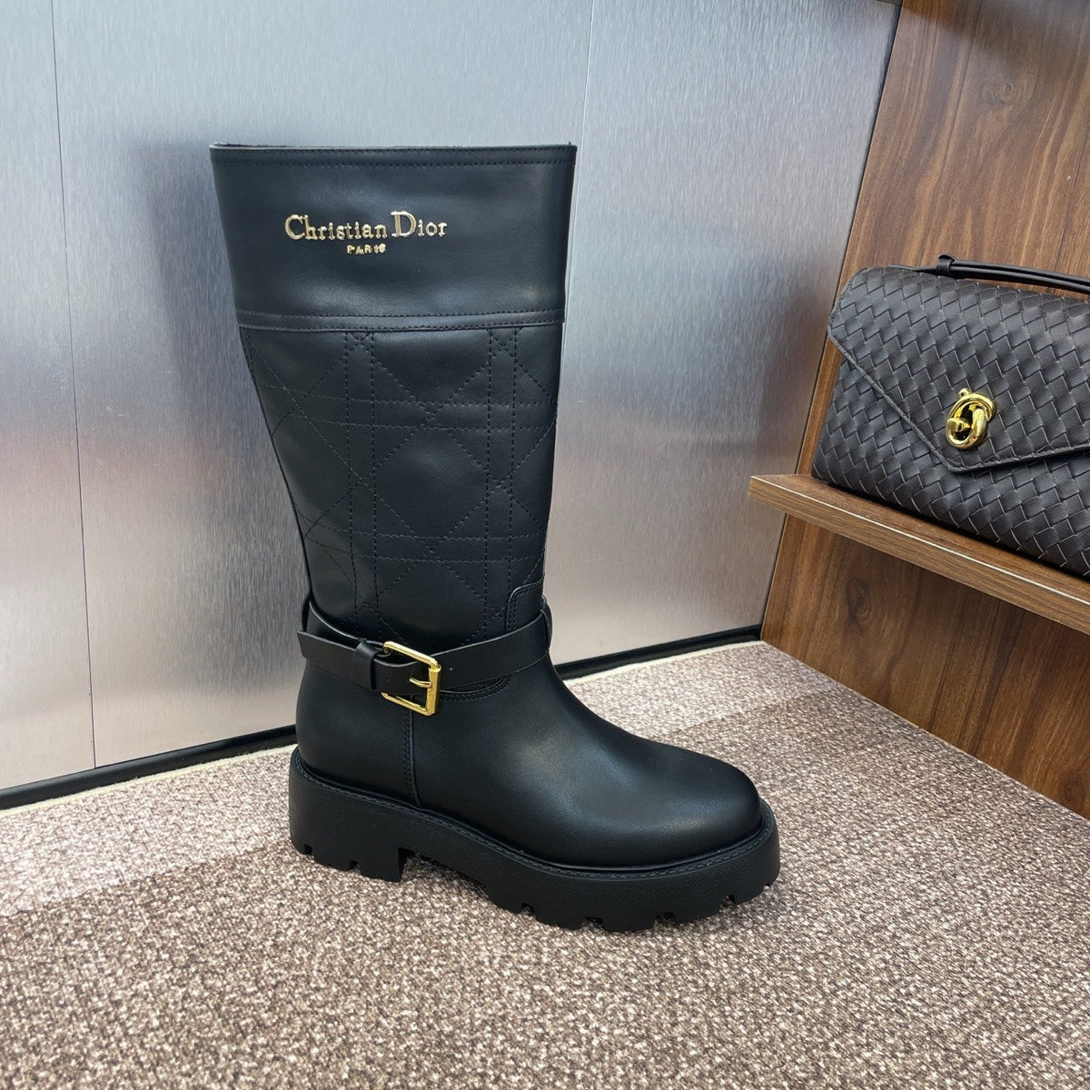 DIOR 25S D-TOWN BOOT 45MM IN BLACK CALFSKIN WITH EMBROIDERED CANNAGE MOTIF