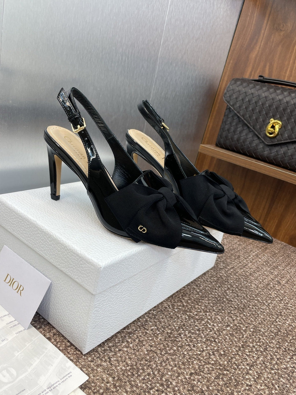 DIOR 25S SLINGBACK PUMP 80MM IN BLACK PATENT CALFSKIN AND GROSGRAIN