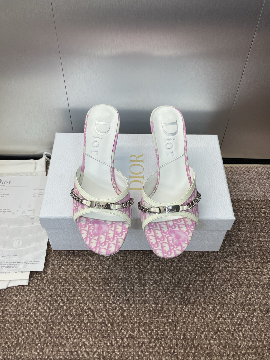 DIOR 25S HIGH HEELS PUNK 85MM IN PINK WHITE CALFSKIN AND CANVAS